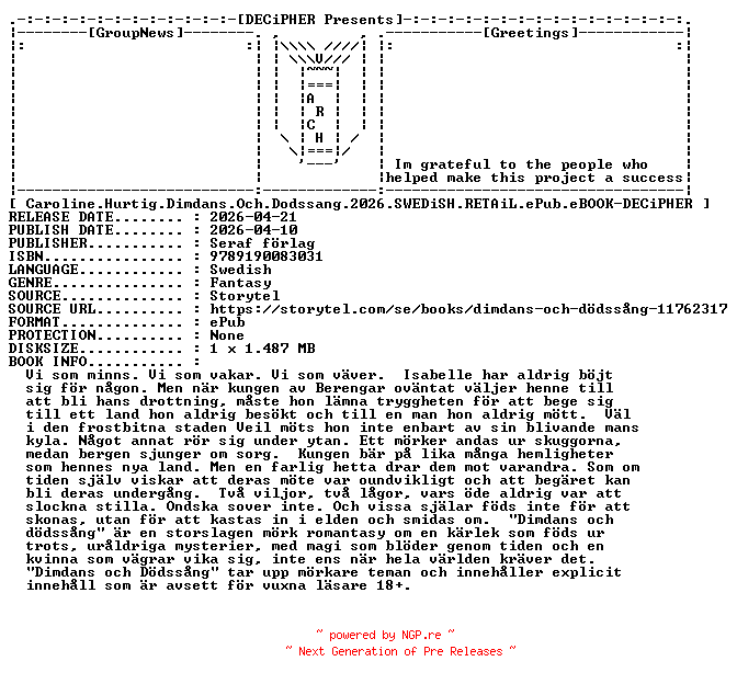 NFO for the release Caroline.Hurtig.Dimdans.Och.Dodssang.2026.SWEDiSH.RETAiL.ePub.eBOOK-DECiPHER by DECiPHER