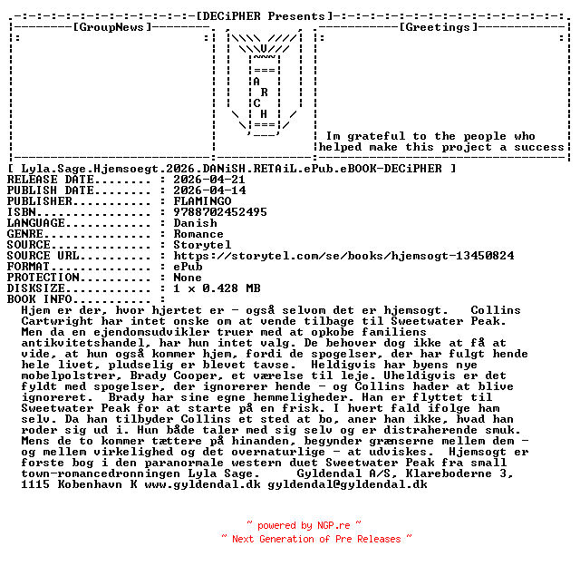 NFO for the release Lyla.Sage.Hjemsoegt.2026.DANiSH.RETAiL.ePub.eBOOK-DECiPHER by DECiPHER
