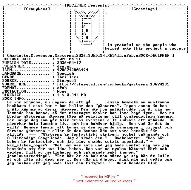 NFO for the release Charlotte.Stevenson.Gasterna.2026.SWEDiSH.RETAiL.ePub.eBOOK-DECiPHER by DECiPHER
