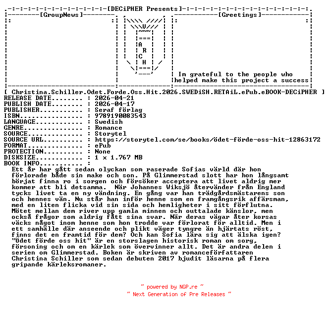 NFO for the release Christina.Schiller.Odet.Forde.Oss.Hit.2026.SWEDiSH.RETAiL.ePub.eBOOK-DECiPHER by DECiPHER