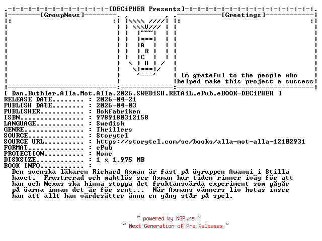 NFO for the release Dan.Buthler.Alla.Mot.Alla.2026.SWEDiSH.RETAiL.ePub.eBOOK-DECiPHER by DECiPHER