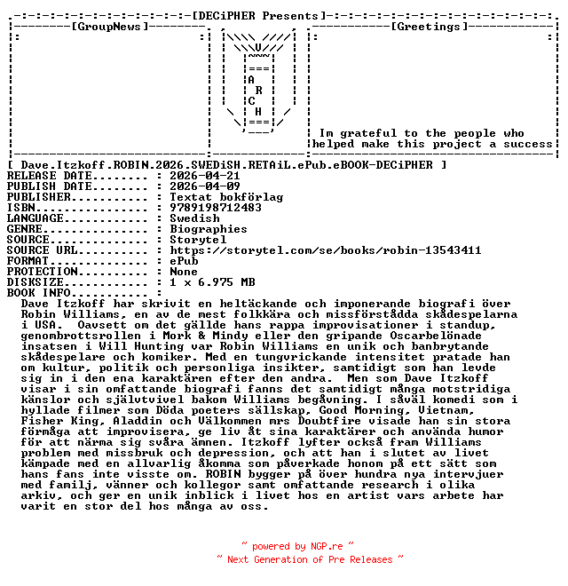 NFO for the release Dave.Itzkoff.Robin.2026.SWEDiSH.RETAiL.ePub.eBOOK-DECiPHER by DECiPHER