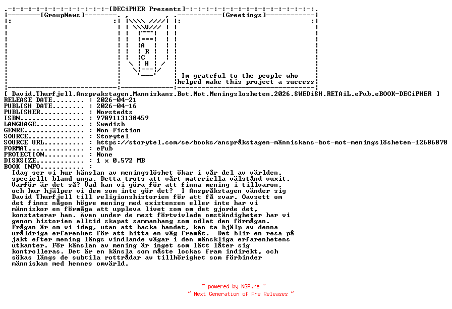 NFO for the release David.Thurfjell.Ansprakstagen.Manniskans.Bot.Mot.Meningslosheten.2026.SWEDiSH.RETAiL.ePub.eBOOK-DECiPHER by DECiPHER