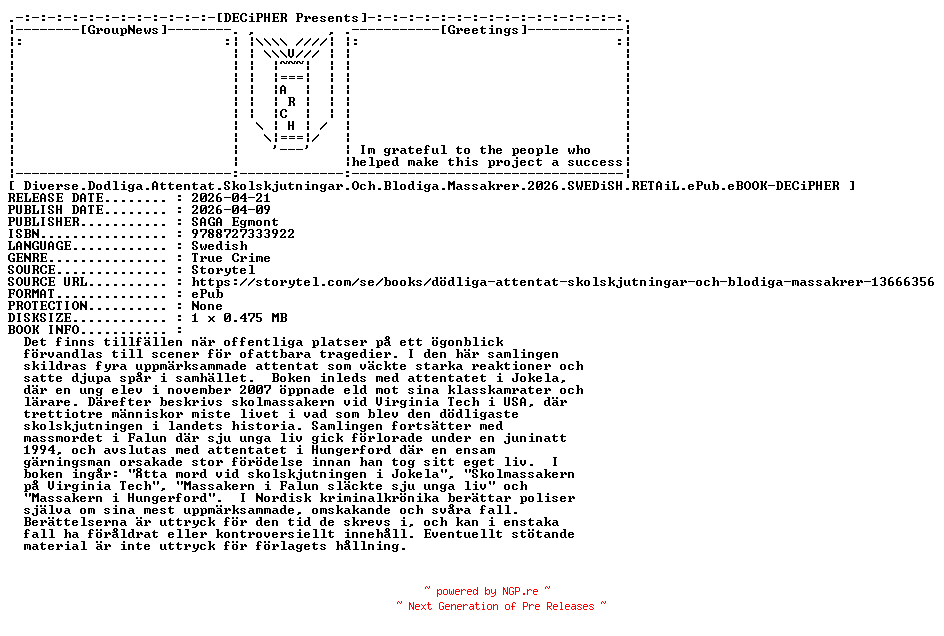 NFO for the release Diverse.Dodliga.Attentat.Skolskjutningar.Och.Blodiga.Massakrer.2026.SWEDiSH.RETAiL.ePub.eBOOK-DECiPHER by DECiPHER