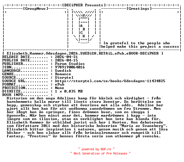 NFO for the release Elisabeth.Hammer.Odesdagen.2026.SWEDiSH.RETAiL.ePub.eBOOK-DECiPHER by DECiPHER