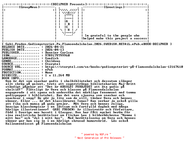 NFO for the release Gabi.Froden.Godismysteriet.Pa.Flamsendalskolan.2026.SWEDiSH.RETAiL.ePub.eBOOK-DECiPHER by DECiPHER