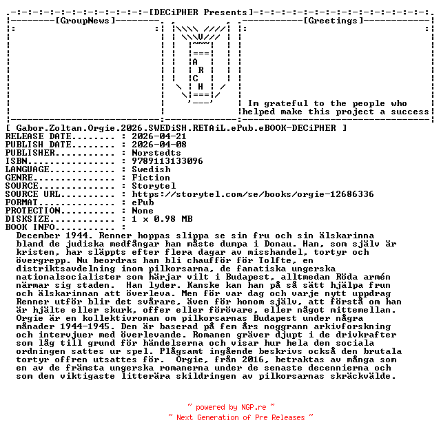 NFO for the release Gabor.Zoltan.Orgie.2026.SWEDiSH.RETAiL.ePub.eBOOK-DECiPHER by DECiPHER