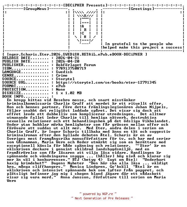 NFO for the release Inger.Scharis.Eter.2026.SWEDiSH.RETAiL.ePub.eBOOK-DECiPHER by DECiPHER