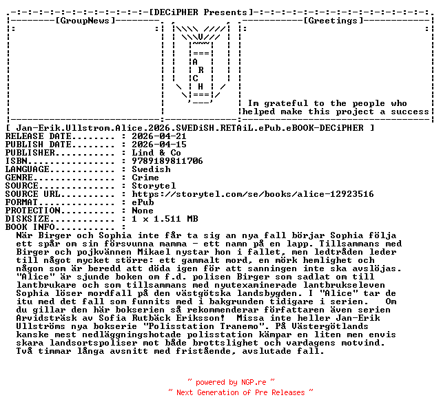 NFO for the release Jan.Erik.Ullstrom.Alice.2026.SWEDiSH.RETAiL.ePub.eBOOK-DECiPHER by DECiPHER