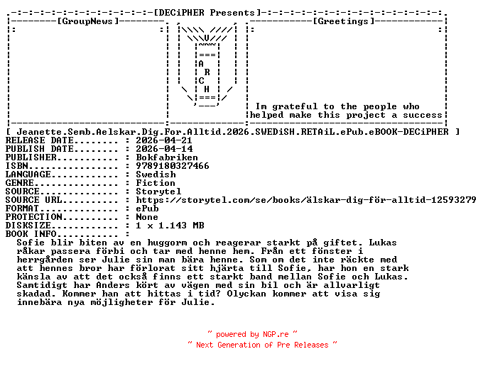 NFO for the release Jeanette.Semb.Aelskar.Dig.For.Alltid.2026.SWEDiSH.RETAiL.ePub.eBOOK-DECiPHER by DECiPHER