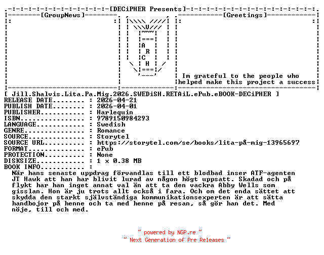 NFO for the release Jill.Shalvis.Lita.Pa.Mig.2026.SWEDiSH.RETAiL.ePub.eBOOK-DECiPHER by DECiPHER