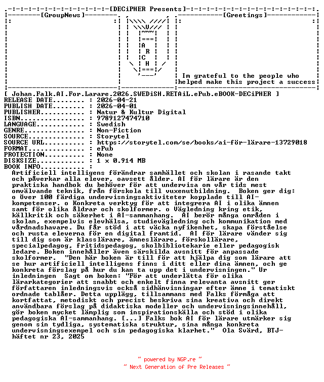 NFO for the release Johan.Falk.AI.For.Larare.2026.SWEDiSH.RETAiL.ePub.eBOOK-DECiPHER by DECiPHER