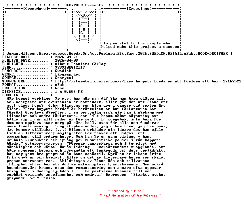 NFO for the release Johan.Nilsson.Bara.Hoppets.Borda.Om.Att.Forlora.Ett.Barn.2026.SWEDiSH.RETAiL.ePub.eBOOK-DECiPHER by DECiPHER
