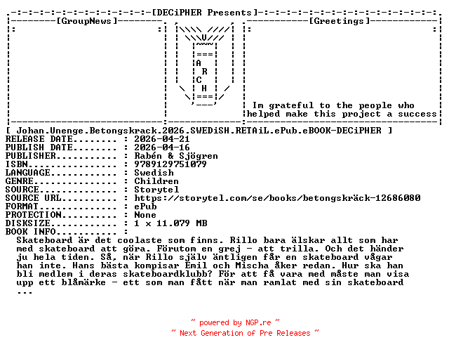 NFO for the release Johan.Unenge.Betongskrack.2026.SWEDiSH.RETAiL.ePub.eBOOK-DECiPHER by DECiPHER