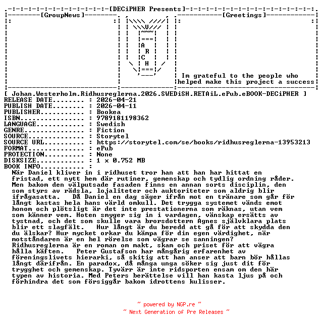 NFO for the release Johan.Westerholm.Ridhusreglerna.2026.SWEDiSH.RETAiL.ePub.eBOOK-DECiPHER by DECiPHER