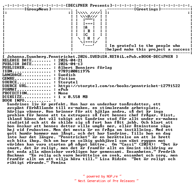 NFO for the release Johanna.Swanberg.Penntricket.2026.SWEDiSH.RETAiL.ePub.eBOOK-DECiPHER by DECiPHER