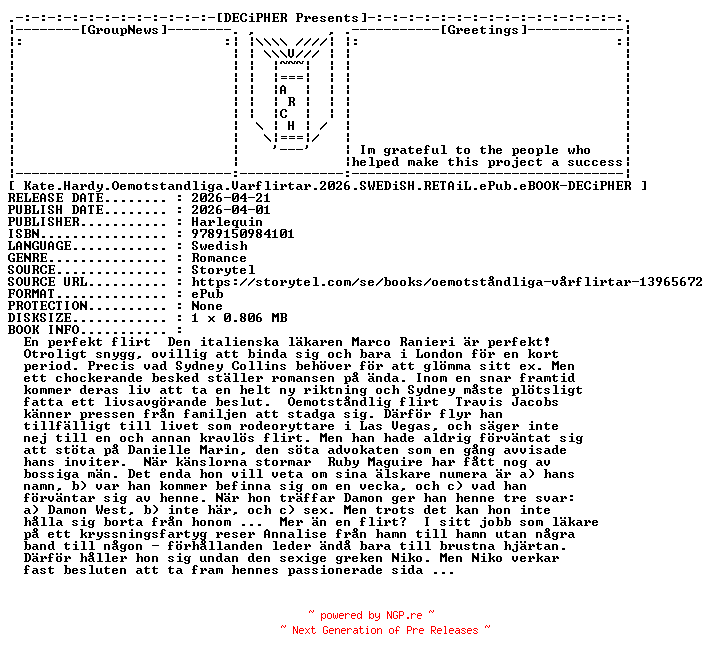 NFO for the release Kate.Hardy.Oemotstandliga.Varflirtar.2026.SWEDiSH.RETAiL.ePub.eBOOK-DECiPHER by DECiPHER