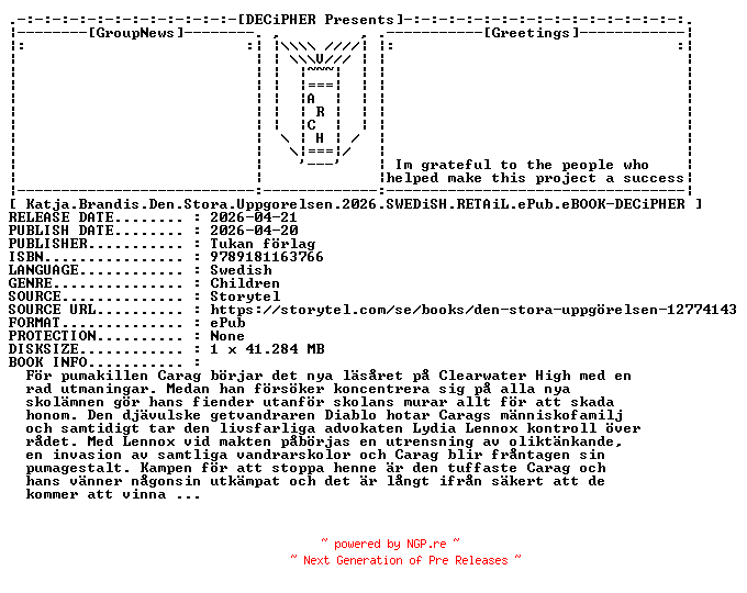 NFO for the release Katja.Brandis.Den.Stora.Uppgorelsen.2026.SWEDiSH.RETAiL.ePub.eBOOK-DECiPHER by DECiPHER