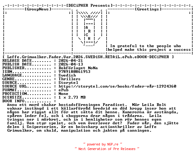 NFO for the release Leffe.Grimwalker.Fader.Var.2026.SWEDiSH.RETAiL.ePub.eBOOK-DECiPHER by DECiPHER