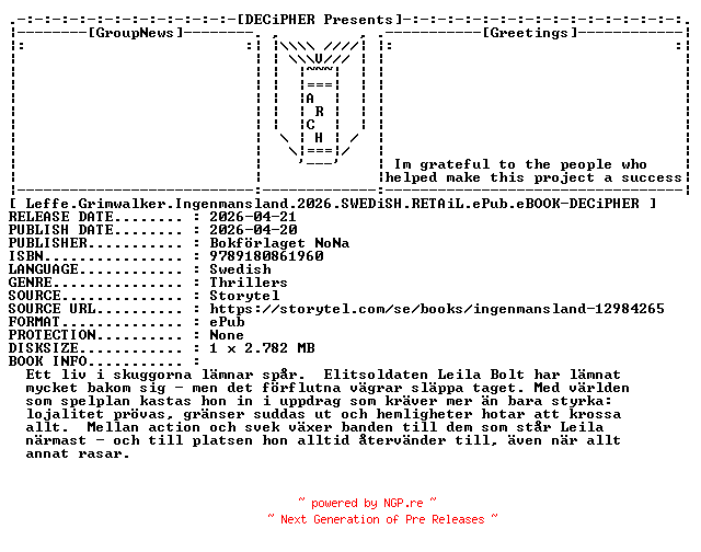 NFO for the release Leffe.Grimwalker.Ingenmansland.2026.SWEDiSH.RETAiL.ePub.eBOOK-DECiPHER by DECiPHER