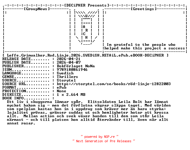 NFO for the release Leffe.Grimwalker.Rod.Linje.2026.SWEDiSH.RETAiL.ePub.eBOOK-DECiPHER by DECiPHER