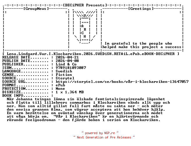 NFO for the release Lena.Lindgard.Var.I.Klockarviken.2026.SWEDiSH.RETAiL.ePub.eBOOK-DECiPHER by DECiPHER