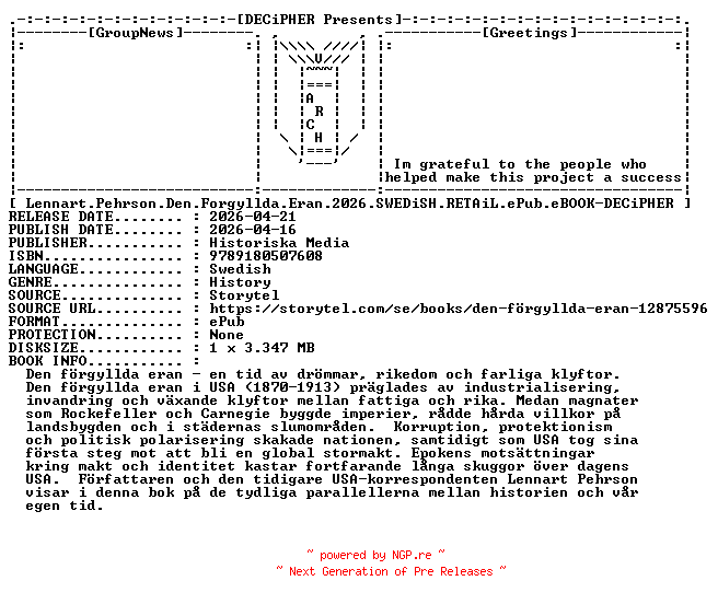 NFO for the release Lennart.Pehrson.Den.Forgyllda.Eran.2026.SWEDiSH.RETAiL.ePub.eBOOK-DECiPHER by DECiPHER