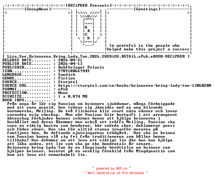 NFO for the release Lisa.See.Kvinnorna.Kring.Lady.Tan.2026.SWEDiSH.RETAiL.ePub.eBOOK-DECiPHER by DECiPHER
