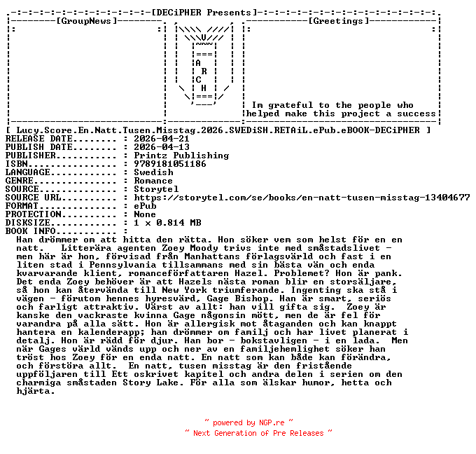 NFO for the release Lucy.Score.En.Natt.Tusen.Misstag.2026.SWEDiSH.RETAiL.ePub.eBOOK-DECiPHER by DECiPHER