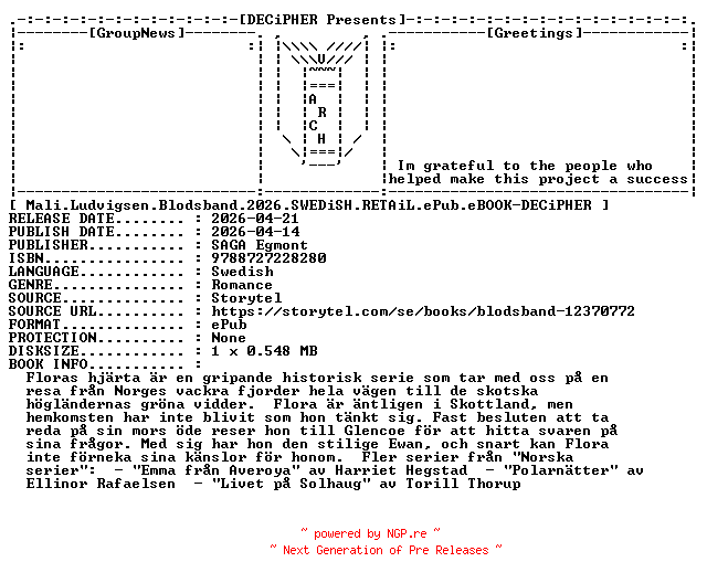 NFO for the release Mali.Ludvigsen.Blodsband.2026.SWEDiSH.RETAiL.ePub.eBOOK-DECiPHER by DECiPHER