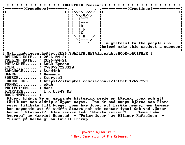 NFO for the release Mali.Ludvigsen.Loftet.2026.SWEDiSH.RETAiL.ePub.eBOOK-DECiPHER by DECiPHER