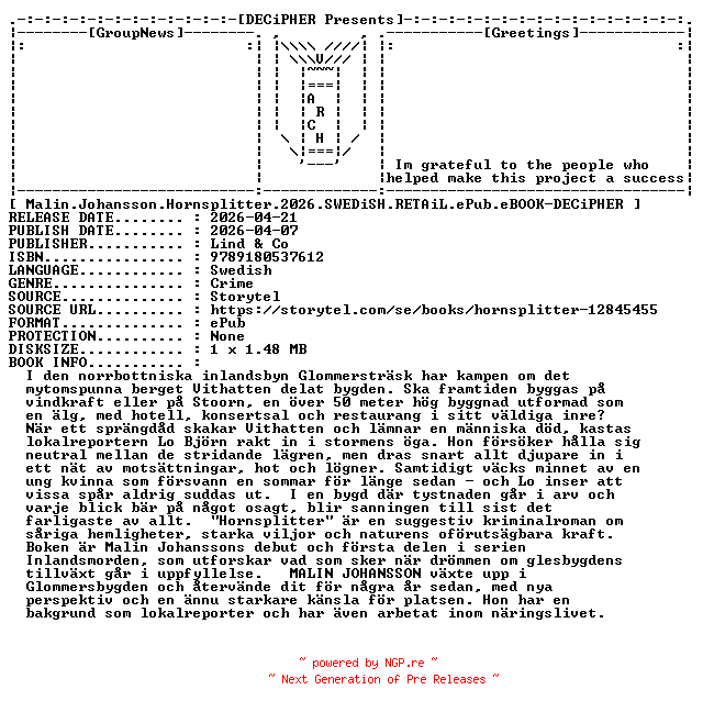 NFO for the release Malin.Johansson.Hornsplitter.2026.SWEDiSH.RETAiL.ePub.eBOOK-DECiPHER by DECiPHER