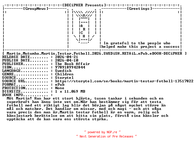 NFO for the release Martin.Mutumba.Martin.Testar.Fotboll.2026.SWEDiSH.RETAiL.ePub.eBOOK-DECiPHER by DECiPHER