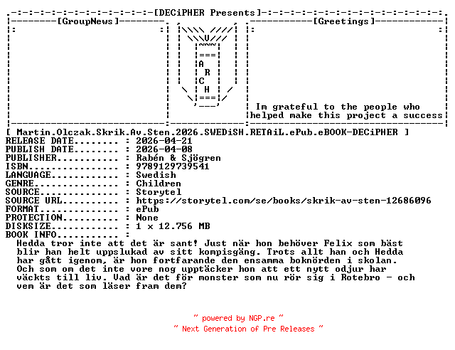 NFO for the release Martin.Olczak.Skrik.Av.Sten.2026.SWEDiSH.RETAiL.ePub.eBOOK-DECiPHER by DECiPHER