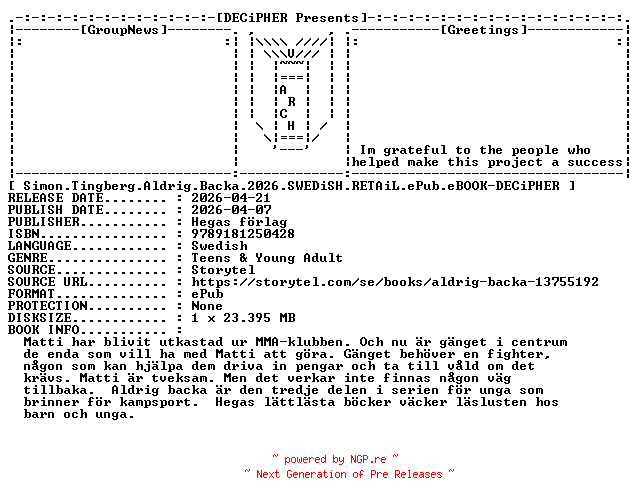 NFO for the release Simon.Tingberg.Aldrig.Backa.2026.SWEDiSH.RETAiL.ePub.eBOOK-DECiPHER by DECiPHER