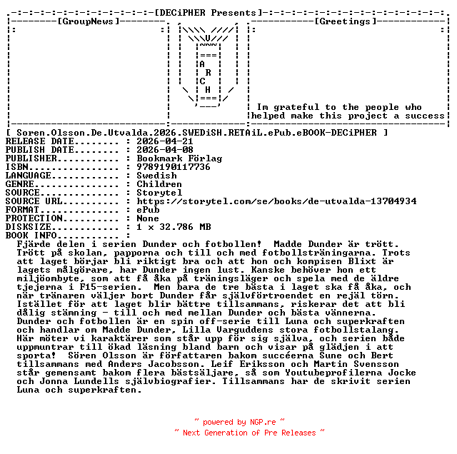 NFO for the release Soren.Olsson.De.Utvalda.2026.SWEDiSH.RETAiL.ePub.eBOOK-DECiPHER by DECiPHER