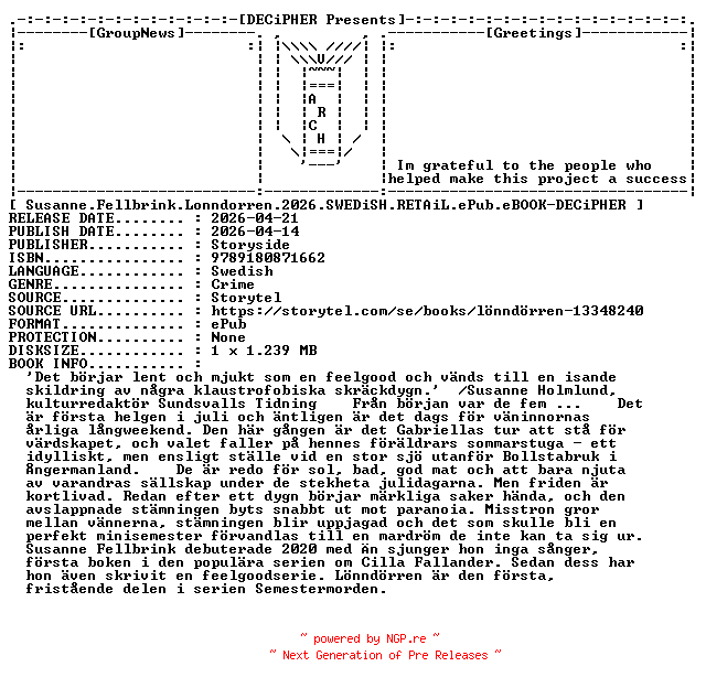 NFO for the release Susanne.Fellbrink.Lonndorren.2026.SWEDiSH.RETAiL.ePub.eBOOK-DECiPHER by DECiPHER