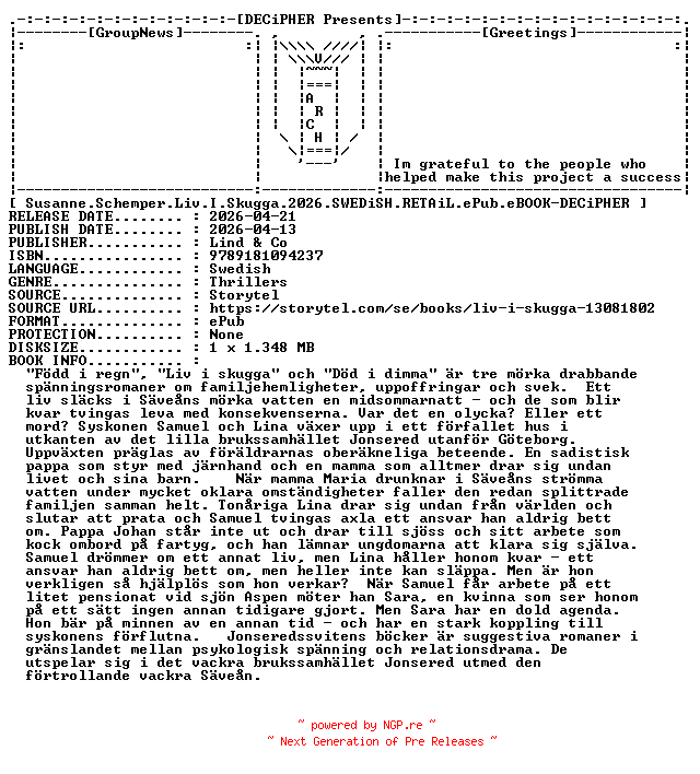 NFO for the release Susanne.Schemper.Liv.I.Skugga.2026.SWEDiSH.RETAiL.ePub.eBOOK-DECiPHER by DECiPHER