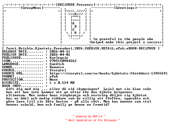 NFO for the release Terri.Brisbin.Hjartats.Forraderi.2026.SWEDiSH.RETAiL.ePub.eBOOK-DECiPHER by DECiPHER