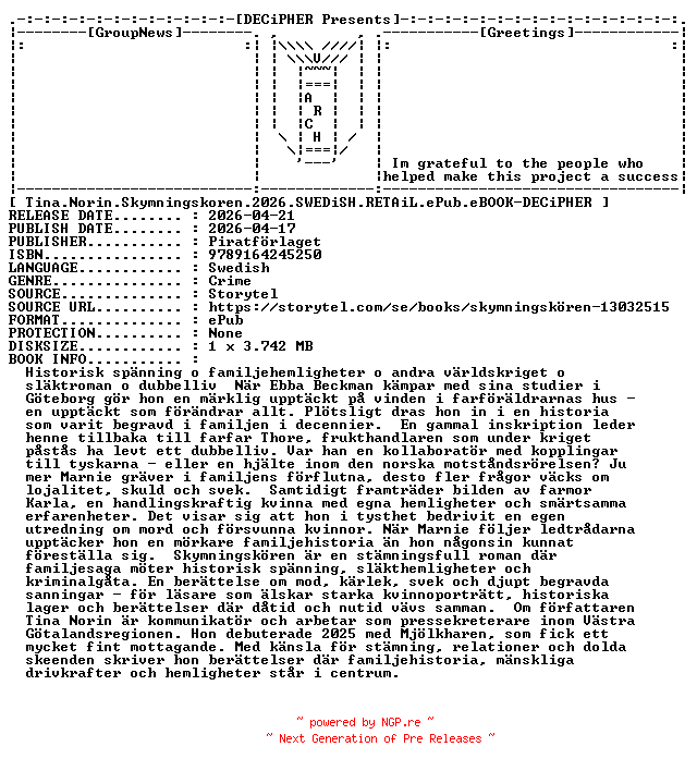 NFO for the release Tina.Norin.Skymningskoren.2026.SWEDiSH.RETAiL.ePub.eBOOK-DECiPHER by DECiPHER