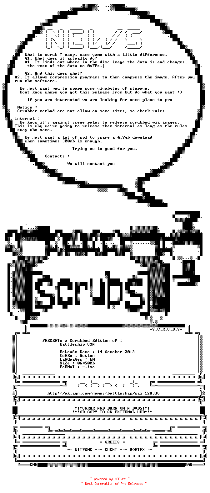 NFO for the release Battleship.Usa.Wii.Scrubbed.268Mb.Internal.DIRFiX-SCRUBS by SCRUBS