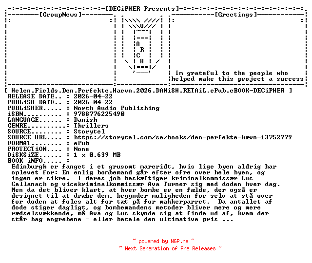 NFO for the release Helen.Fields.Den.Perfekte.Haevn.2026.DANiSH.RETAiL.ePub.eBOOK-DECiPHER by DECiPHER