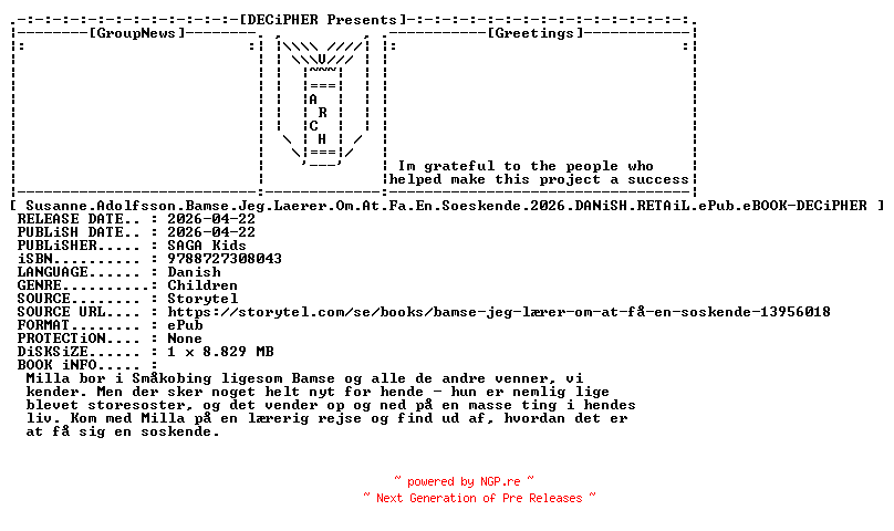 NFO for the release Susanne.Adolfsson.Bamse.Jeg.Laerer.Om.At.Fa.En.Soeskende.2026.DANiSH.RETAiL.ePub.eBOOK-DECiPHER by DECiPHER