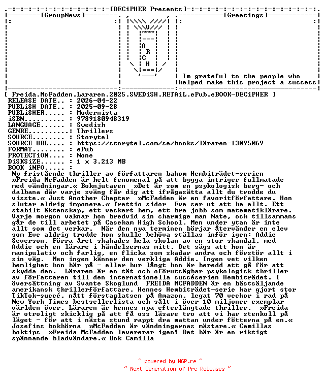NFO for the release Freida.McFadden.Lararen.2025.SWEDiSH.RETAiL.ePub.eBOOK-DECiPHER by DECiPHER