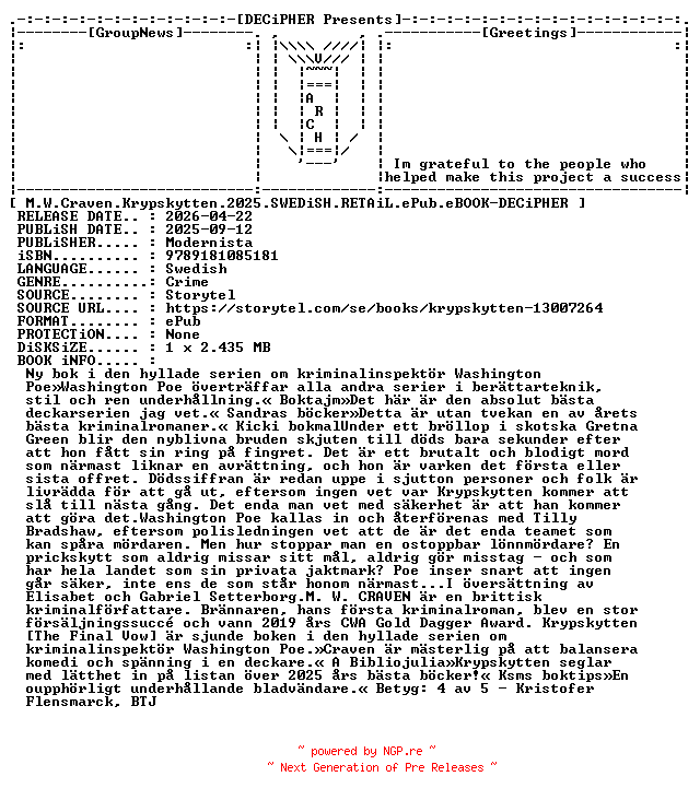 NFO for the release M.W.Craven.Krypskytten.2025.SWEDiSH.RETAiL.ePub.eBOOK-DECiPHER by DECiPHER