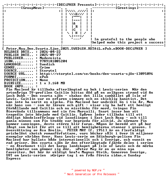 NFO for the release Peter.May.Den.Svarta.Sjon.2025.SWEDiSH.RETAiL.ePub.eBOOK-DECiPHER by DECiPHER