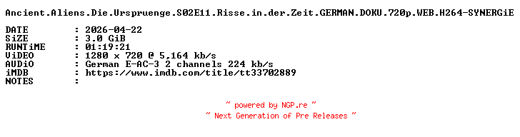 NFO for the release Ancient.Aliens.Die.Urspruenge.S02E11.Risse.in.der.Zeit.GERMAN.DOKU.720p.WEB.H264-SYNERGiE by SYNERGiE
