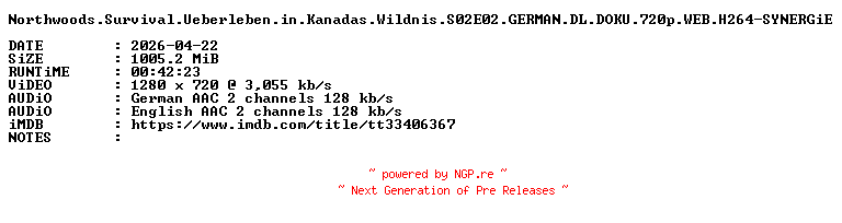 NFO for the release Northwoods.Survival.Ueberleben.in.Kanadas.Wildnis.S02E02.GERMAN.DL.DOKU.720p.WEB.H264-SYNERGiE by SYNERGiE