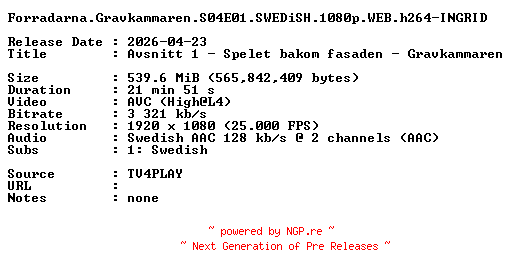 NFO for the release Forradarna.Gravkammaren.S04E01.SWEDiSH.1080p.WEB.h264-INGRID by INGRID