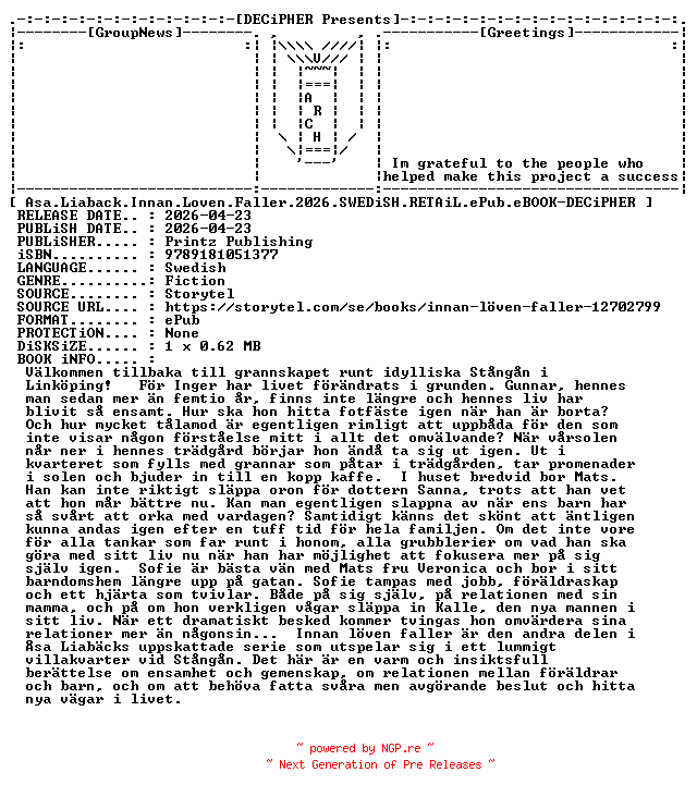 NFO for the release Asa.Liaback.Innan.Loven.Faller.2026.SWEDiSH.RETAiL.ePub.eBOOK-DECiPHER by DECiPHER